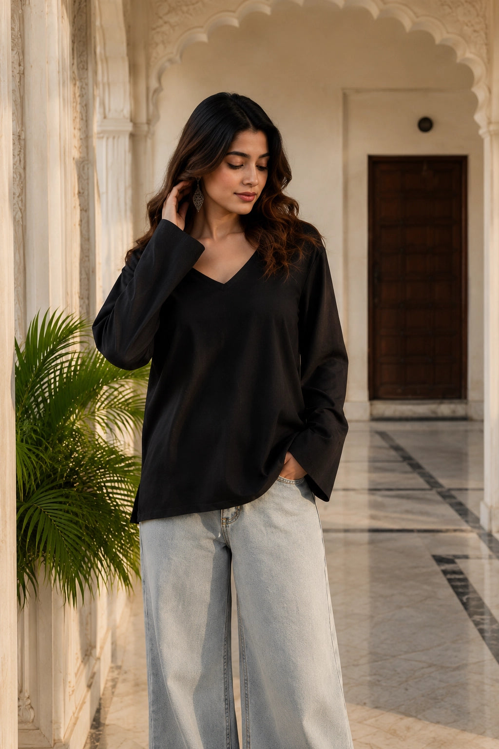 Black Plain V Neck Top for Girls