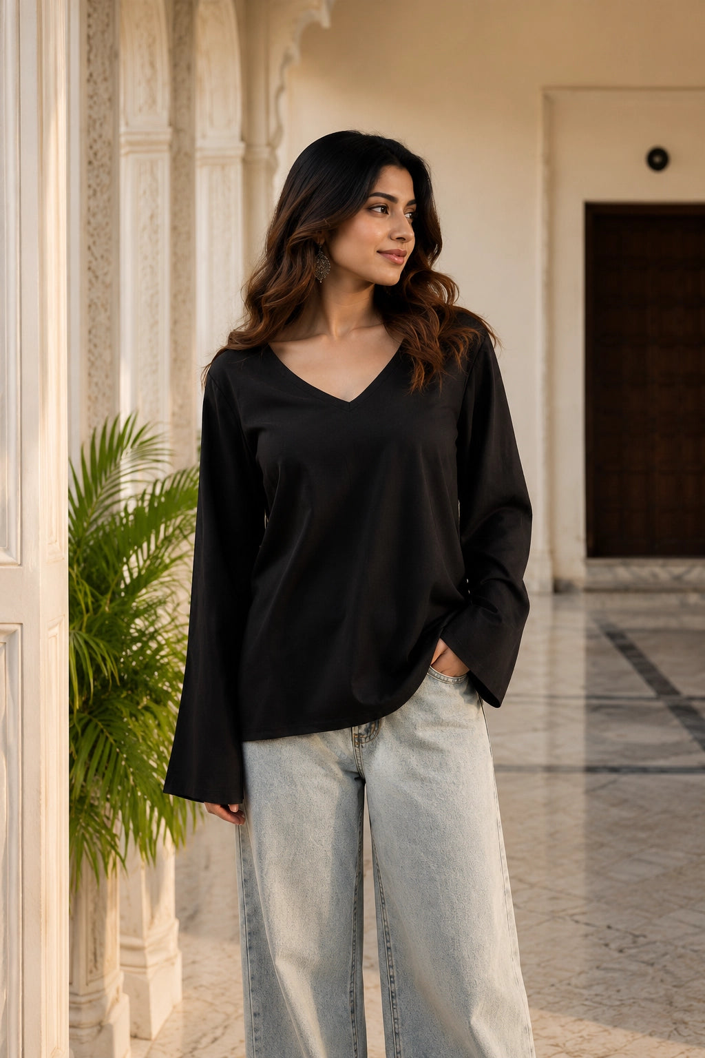 Black Plain V Neck Top for Girls