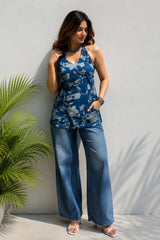 Blue Floral Sleeveless Top for Girls