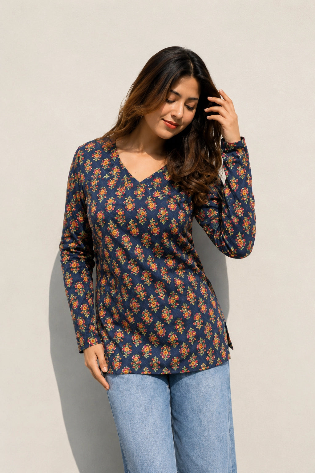 Brown Floral V Neck Top for Girls