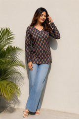 Brown Floral V Neck Top for Girls