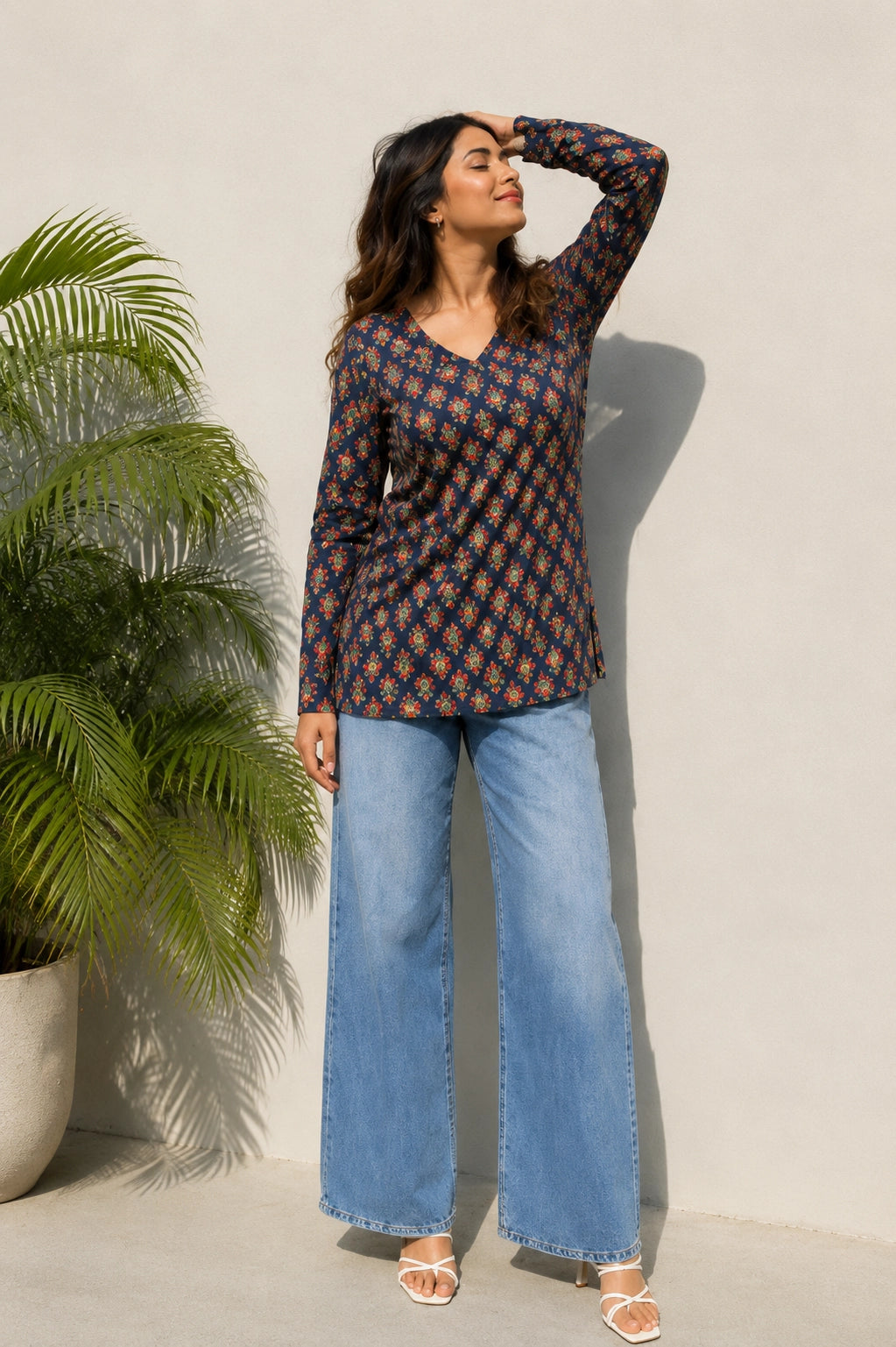 Brown Floral V Neck Top for Girls