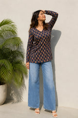 Brown Floral V Neck Top for Girls