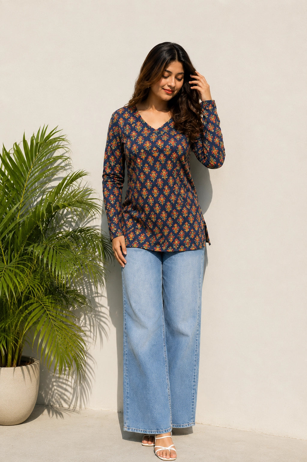 Brown Floral V Neck Top for Girls