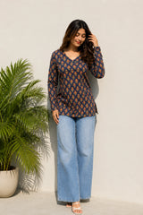 Brown Floral V Neck Top for Girls