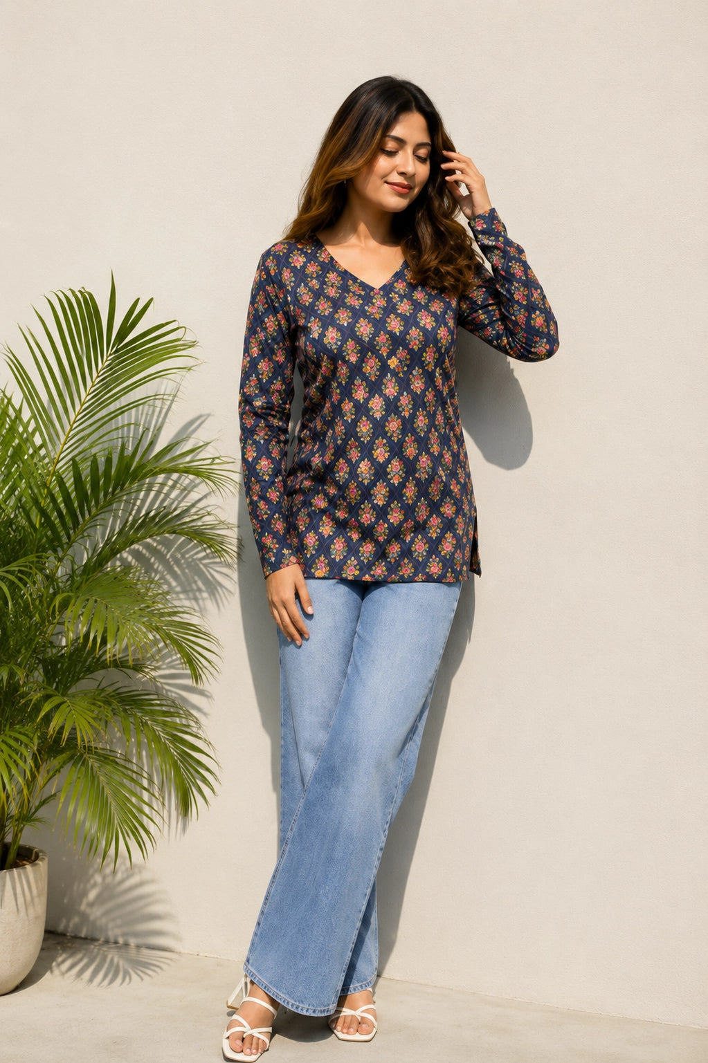 Brown Floral V Neck Top for Girls