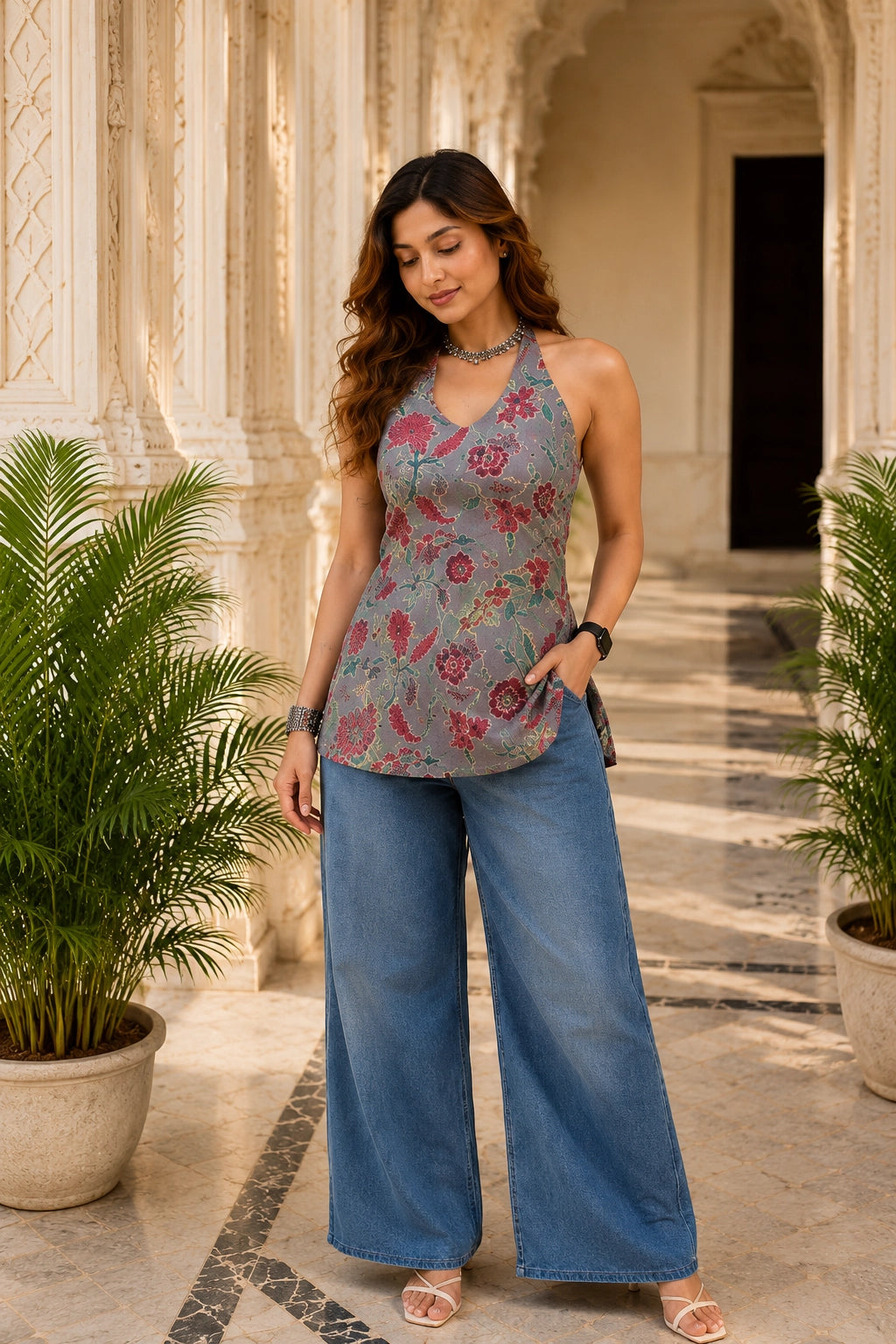 Cream Floral Sleeveless Top for Girls