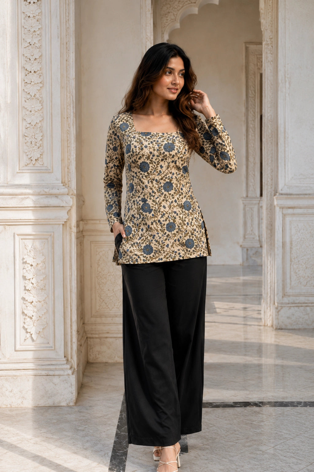 Floral Motif Brown Blossom Top for Girls