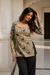 Floral Motif Brown Blossom Top for Girls
