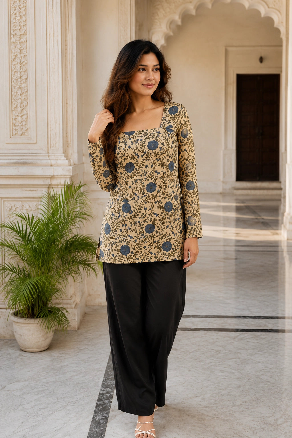 Floral Motif Brown Blossom Top for Girls