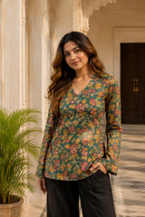 Green Floral V Neck Top for Girls