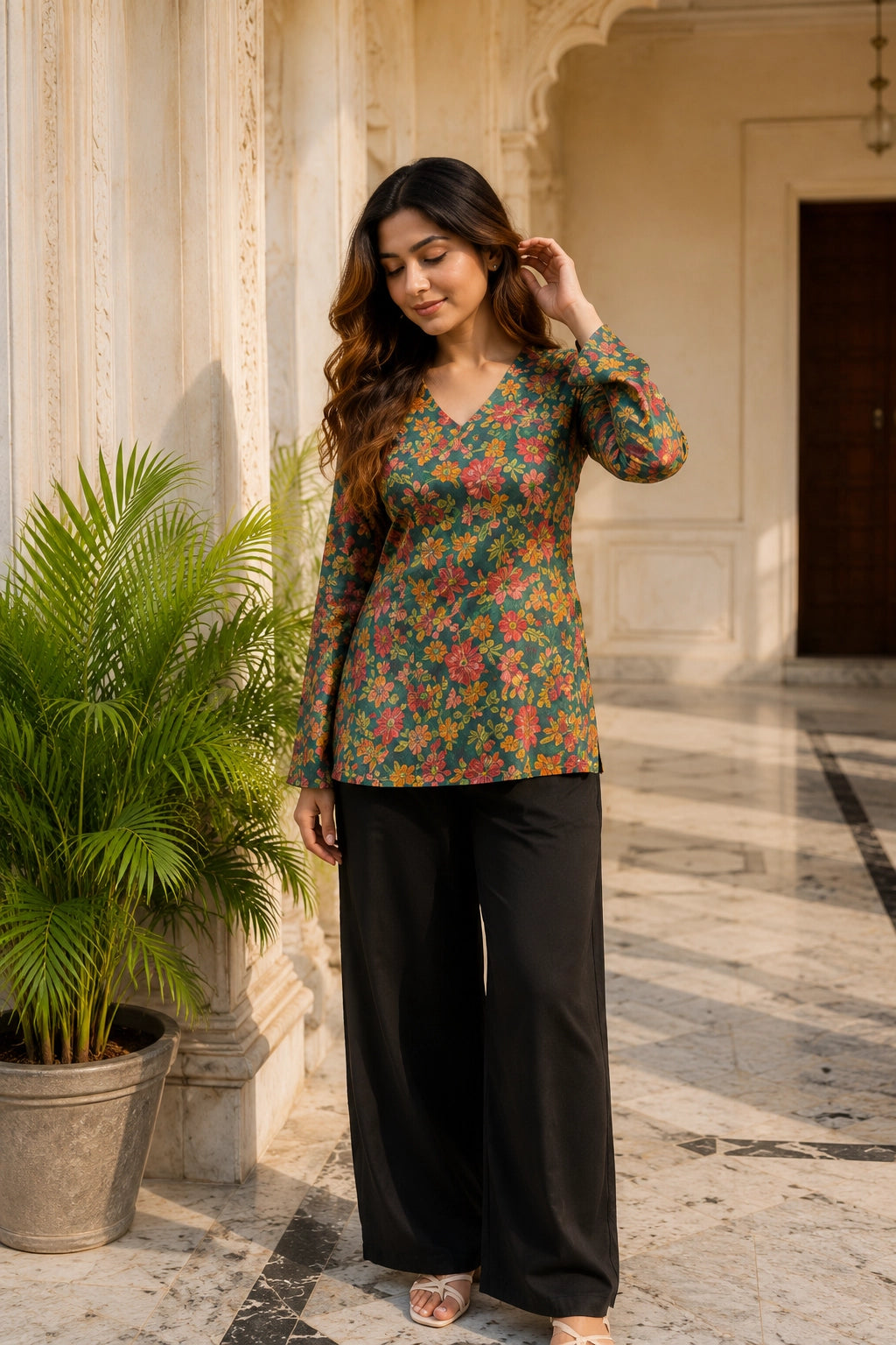 Green Floral V Neck Top for Girls