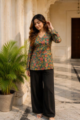 Green Floral V Neck Top for Girls