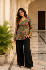 Green Floral V Neck Top for Girls