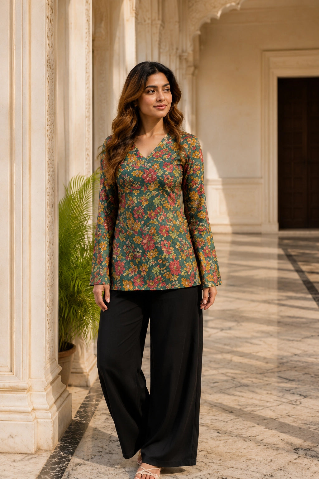 Green Floral V Neck Top for Girls