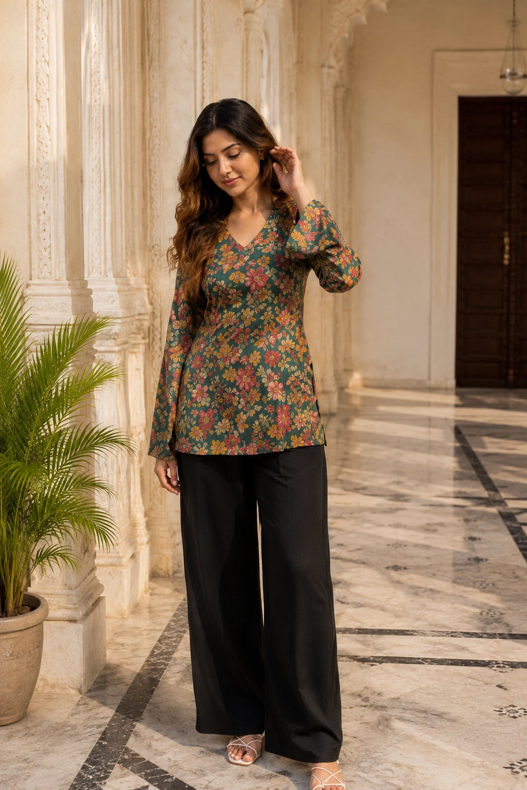 Green Floral V Neck Top for Girls