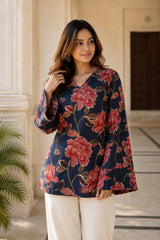 Navy Blue Floral V Neck Top for Girls