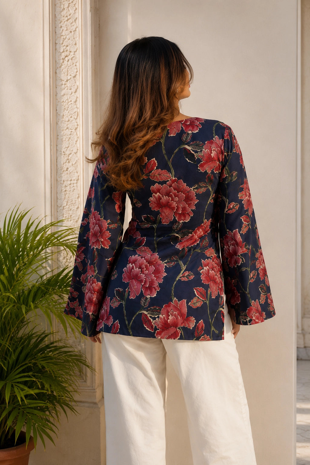 Navy Blue Floral V Neck Top for Girls