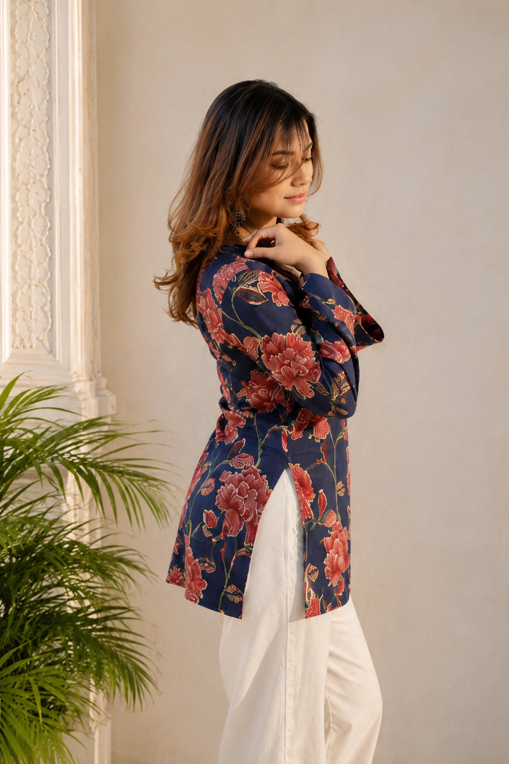 Navy Blue Floral V Neck Top for Girls