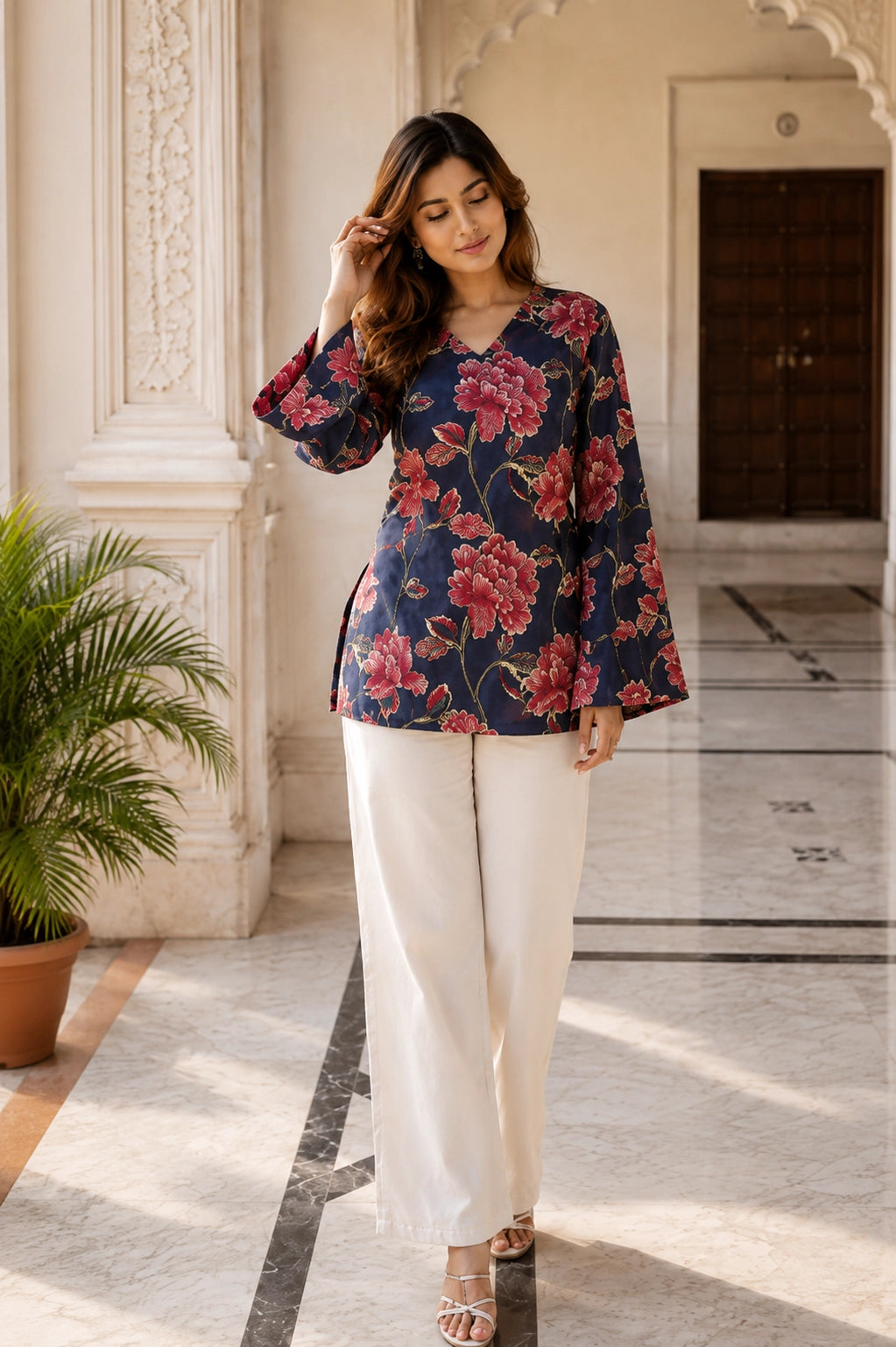 Navy Blue Floral V Neck Top for Girls