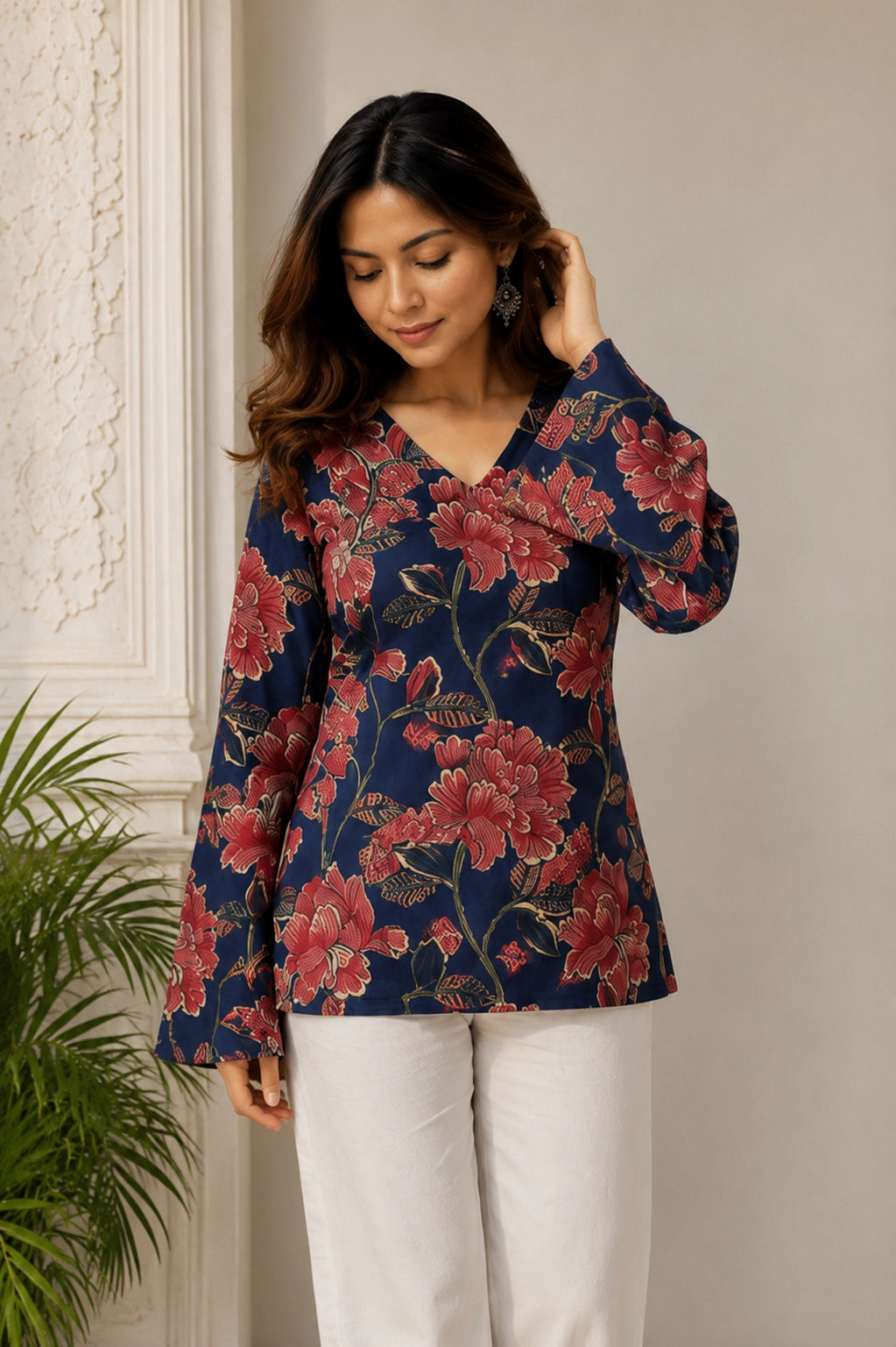 Navy Floral V Neck Top for Girls