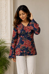 Navy Floral V Neck Top for Girls