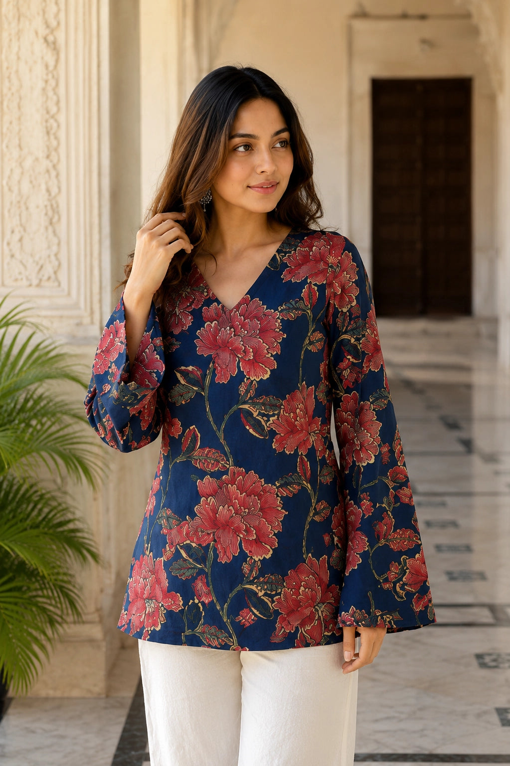 Navy Floral V Neck Top for Girls