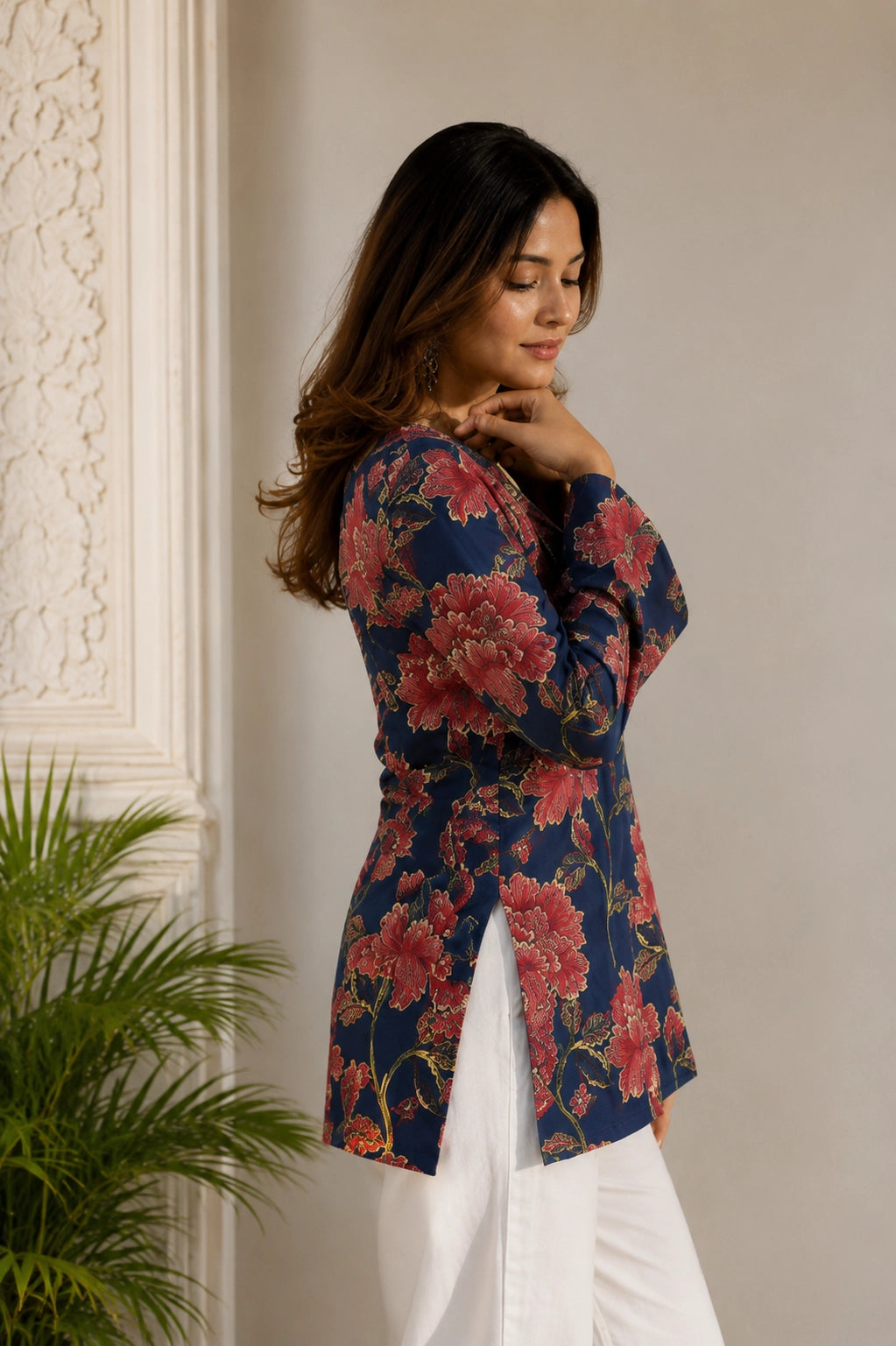 Navy Floral V Neck Top for Girls