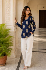 Navy Round Design V Neck Top for Girls
