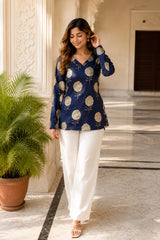 Navy Round Design V Neck Top for Girls
