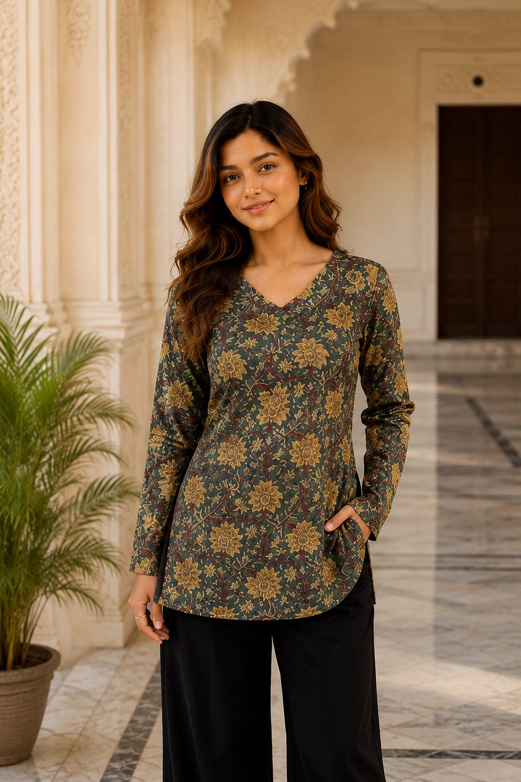Peach Floral V Neck Top for Girls
