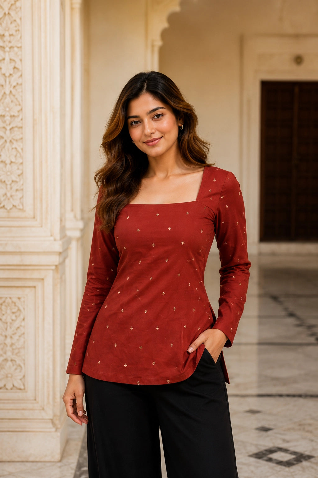 Red Dotted Blossom Top for Girls