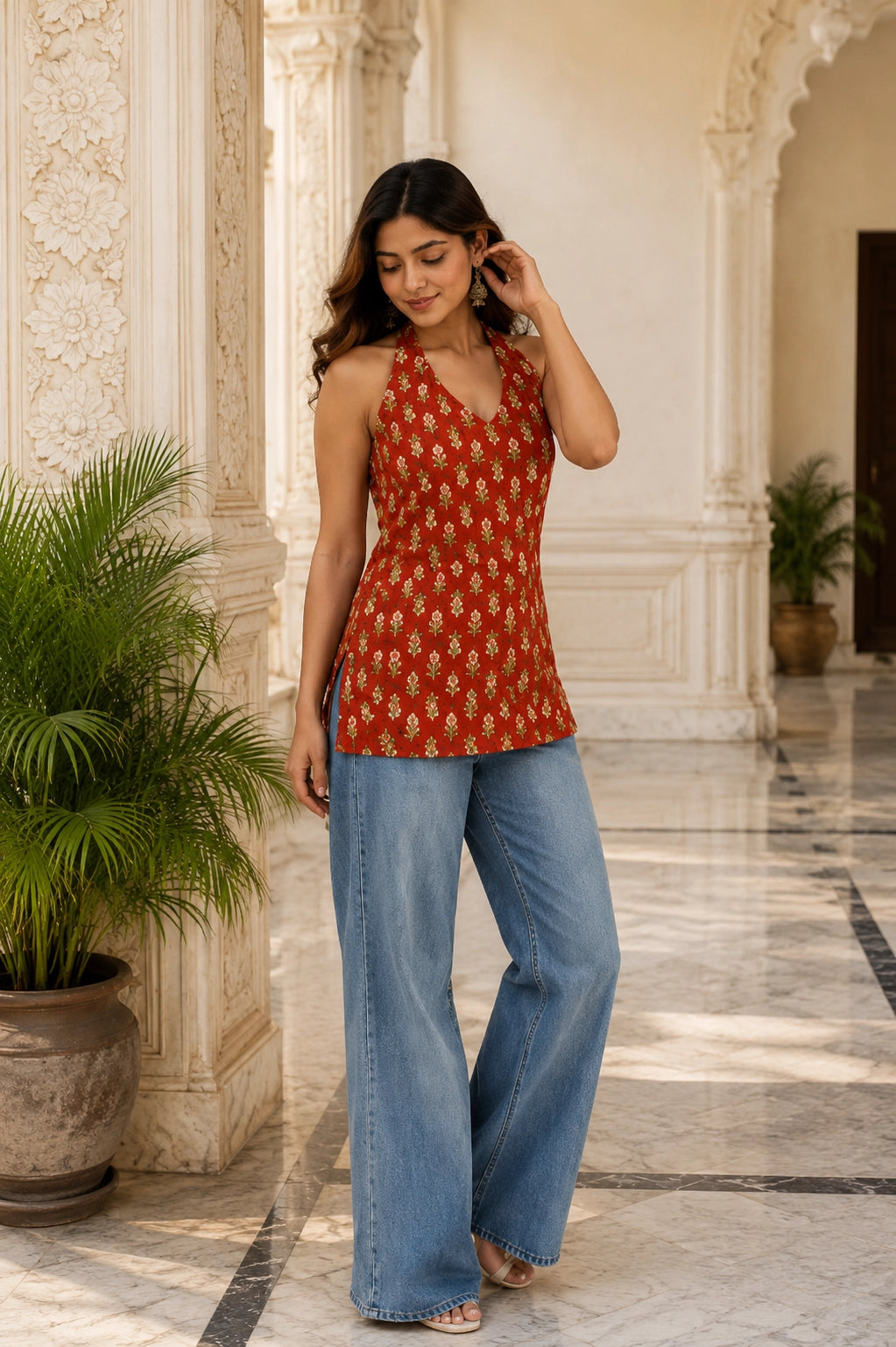 Red Floral Sleeveless Top for Girls