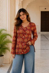 Red Paisley V Neck Top for Girls
