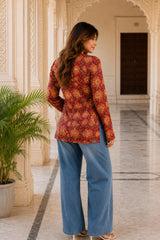 Red Paisley V Neck Top for Girls