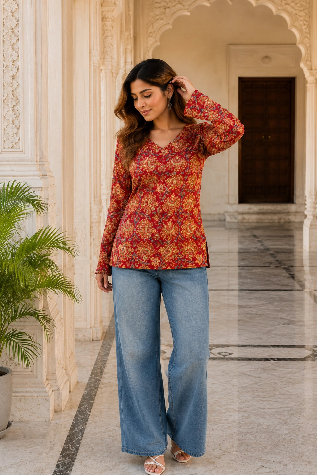 Red Paisley V Neck Top for Girls