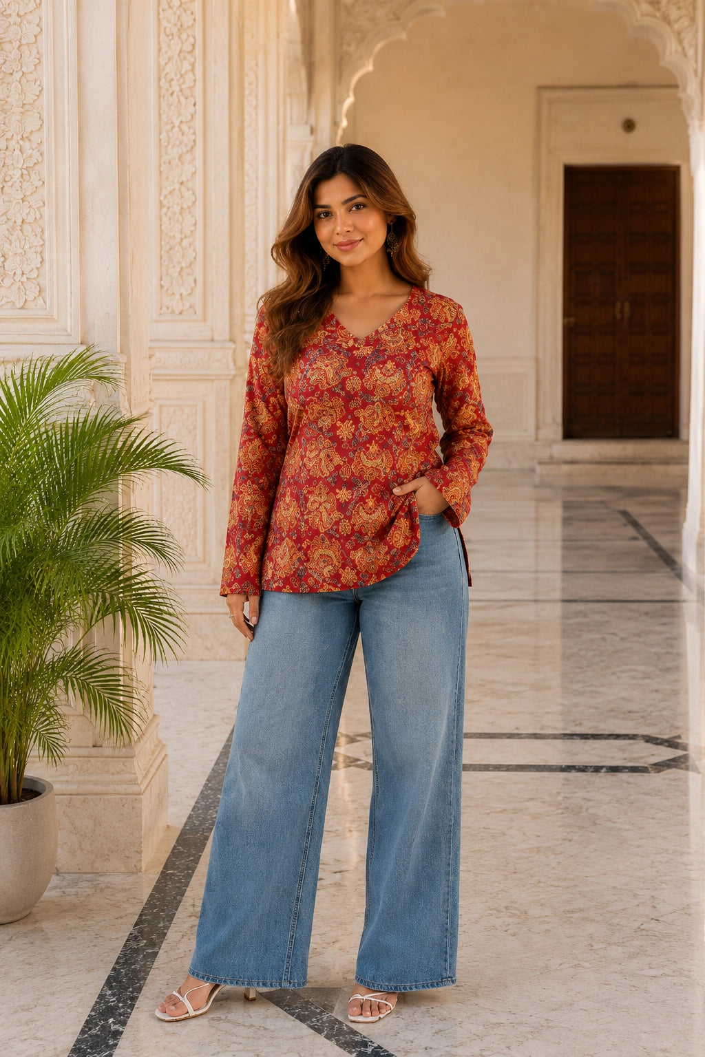 Red Paisley V Neck Top for Girls