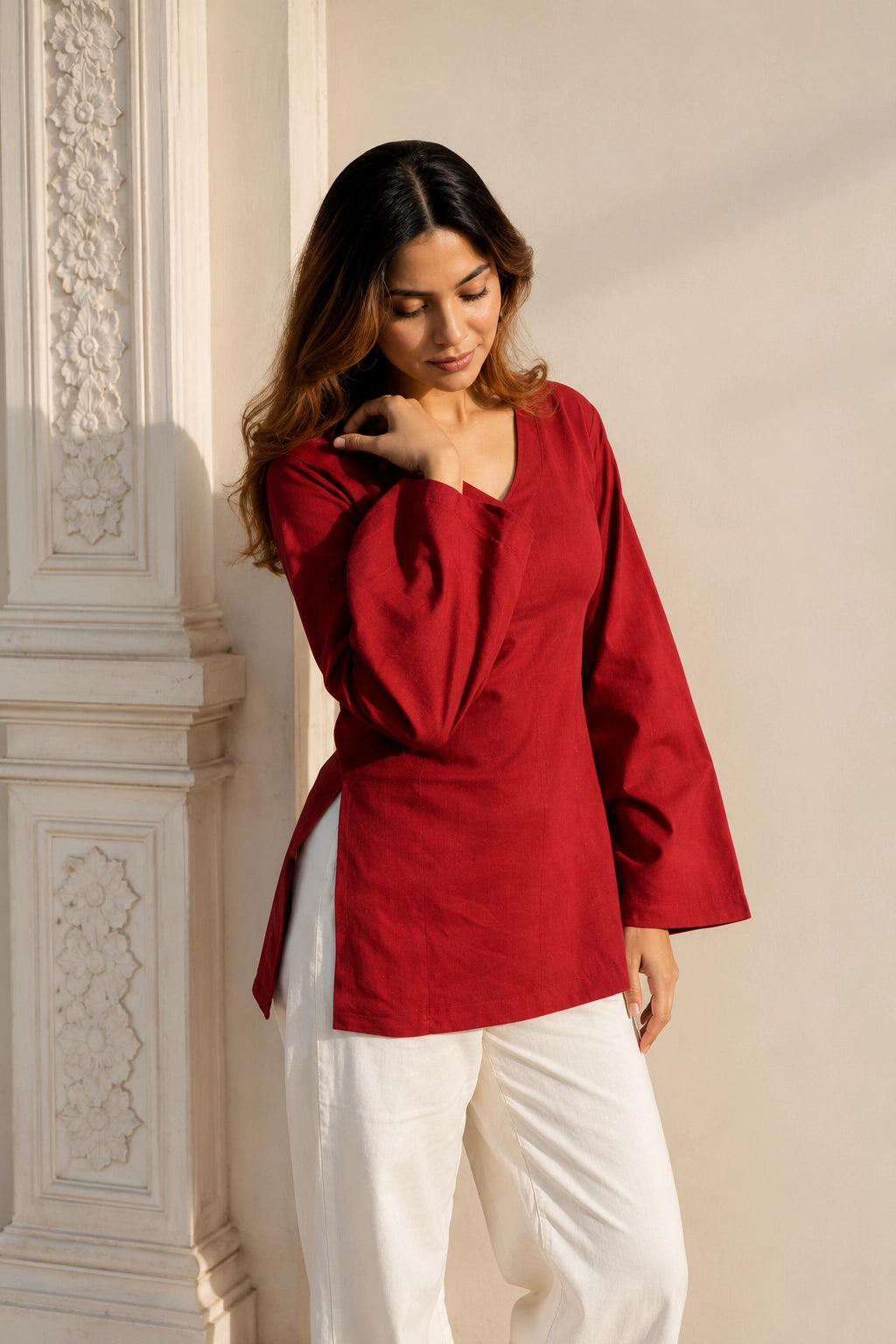 Red Plain Blossom Top for Girls