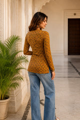 Yellow Floral V Neck Top for Girls