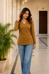 Yellow Floral V Neck Top for Girls