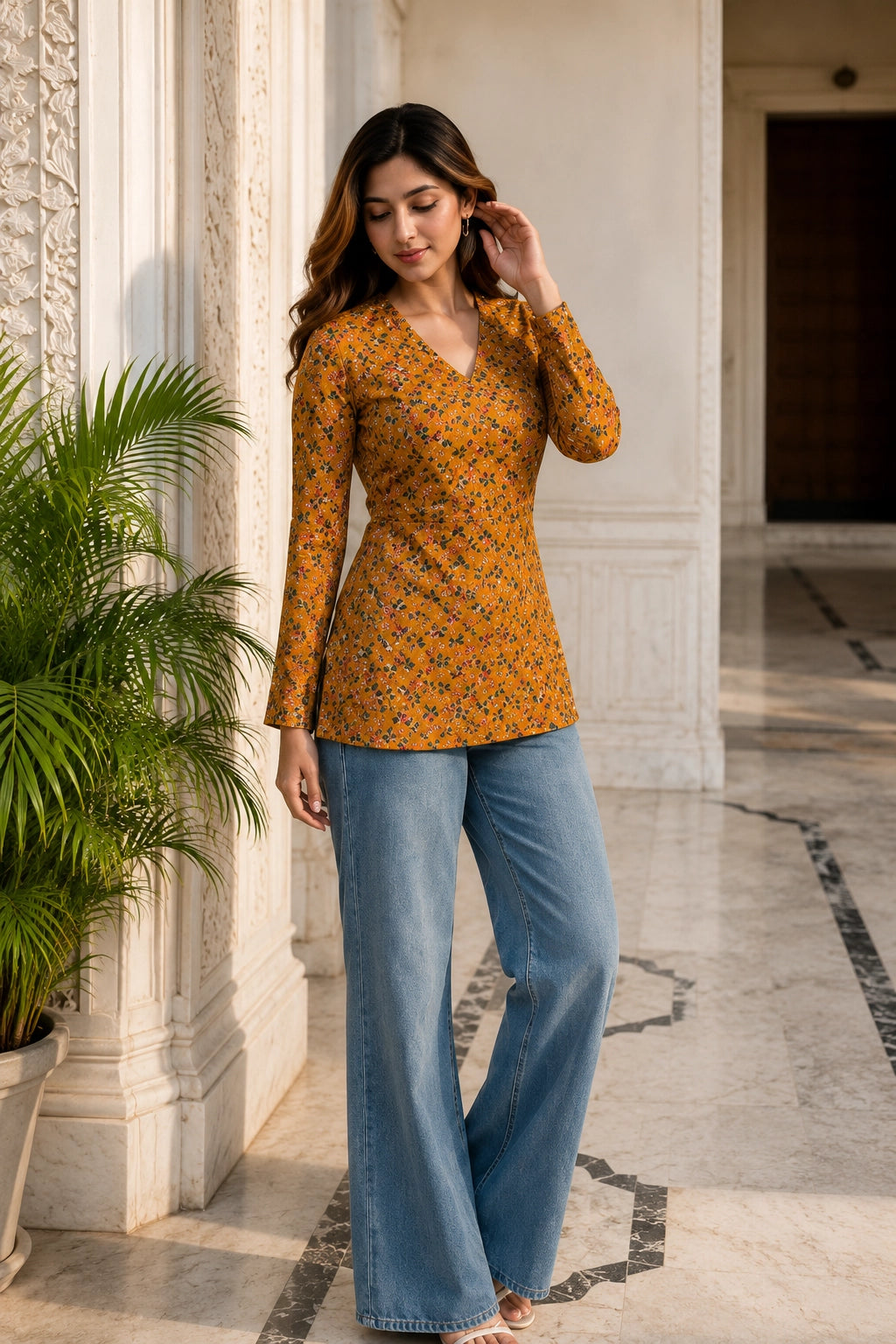 Yellow Floral V Neck Top for Girls